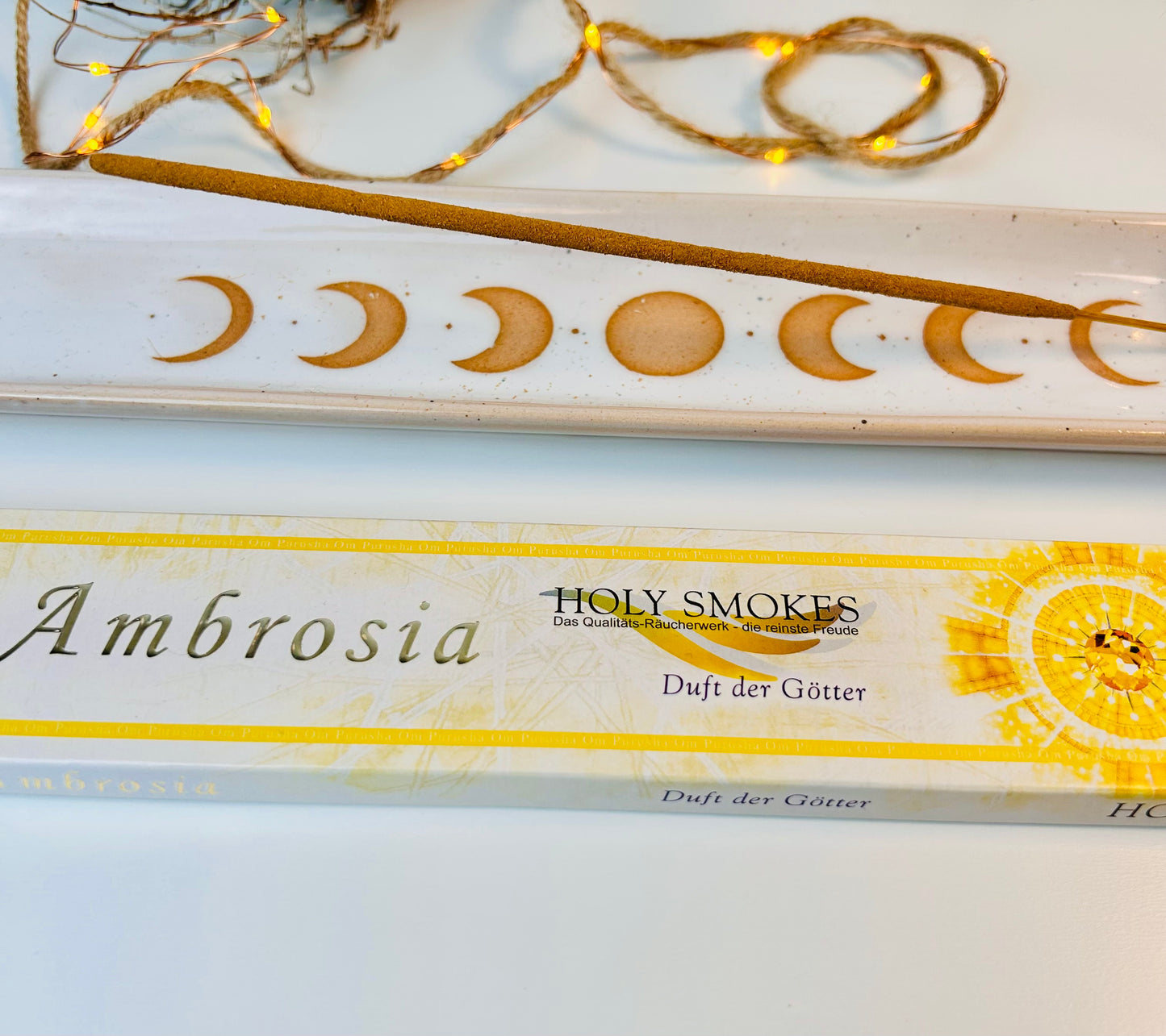 Keramik-Räucherstäbchenhalter mit Mondphasen inkl. Ambrosia Räucherstäbchen