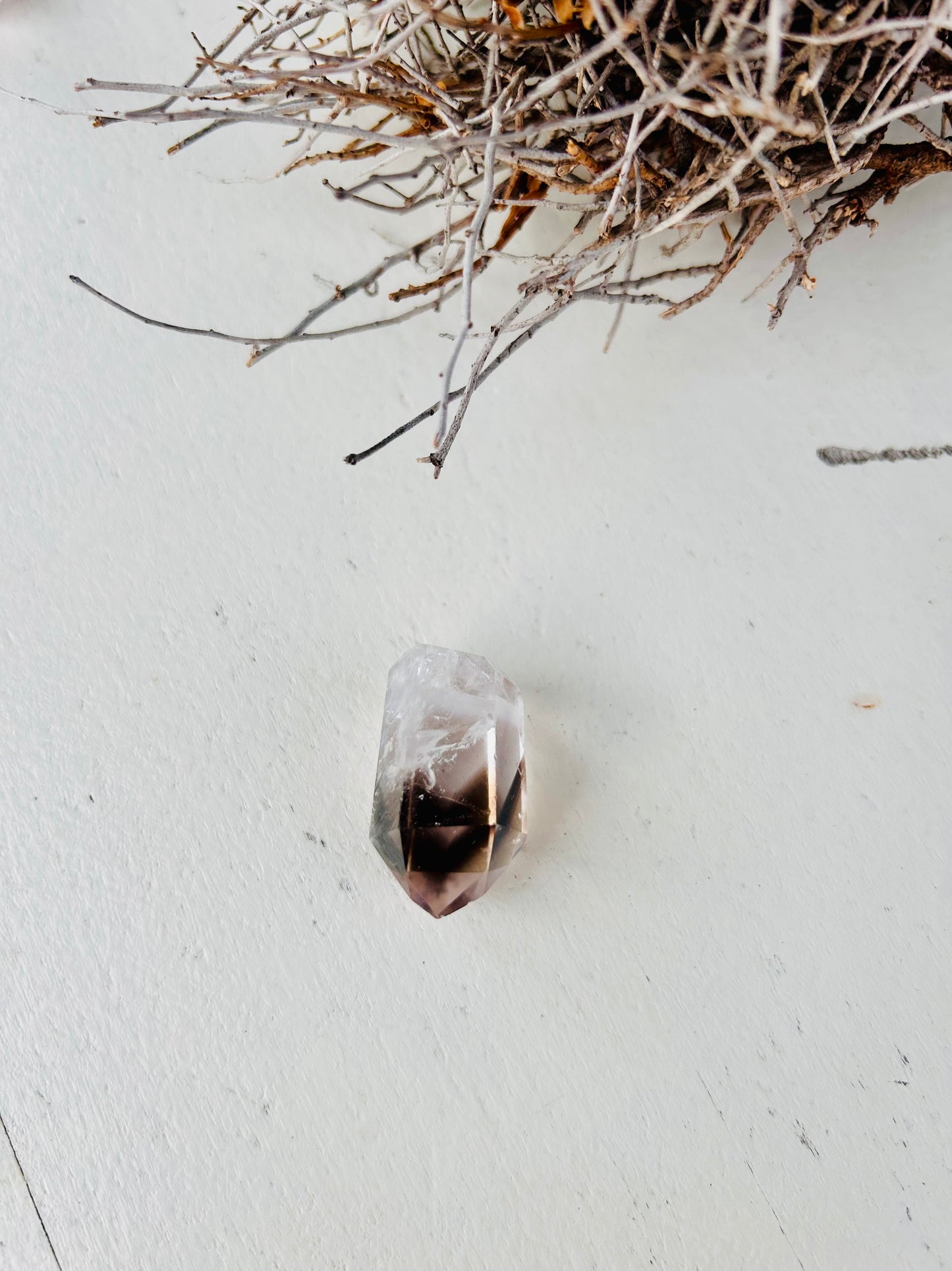 Gebohrte Amethyst-Rauchquarz-Kristalle