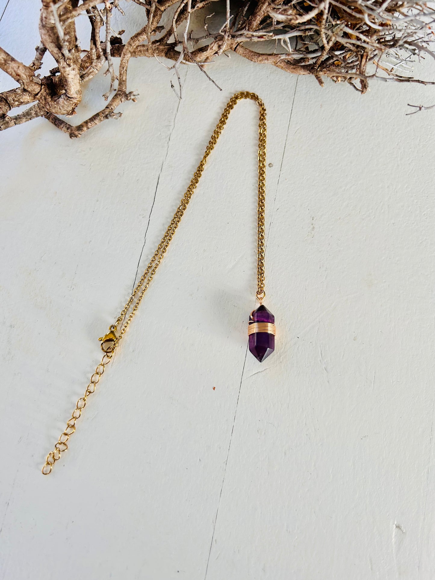 Kristall-Doppelender Kette · Amethyst · Bergkristall · Aventurin