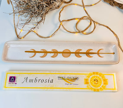 Keramik-Räucherstäbchenhalter mit Mondphasen  inkl. Ambrosia Räucherstäbchen